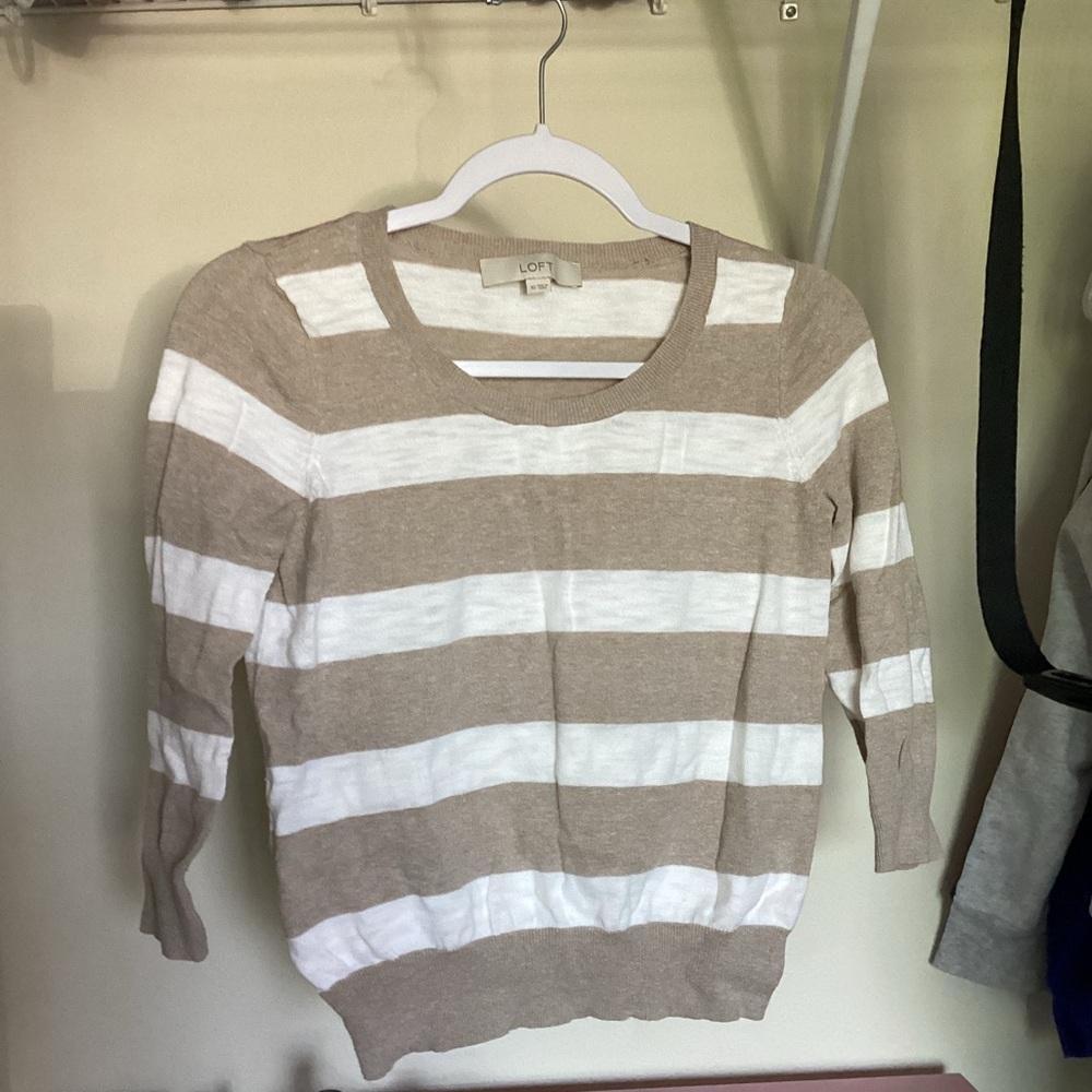 LOFT Tan and White Crew Neck Sweater with Stripes